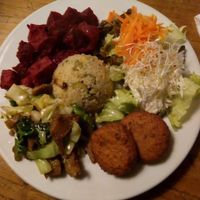 The main course (beet and tofu combo, vegetable seitan stir fry, falafel, coleslaw, olive corn couscous) at Water en Brood in The Hague
