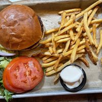 Great black bean carro burger with fries and a side of vegan Mayo!! I ate the whole thing 🤣 at New Holland Brewing in Holland