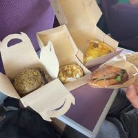 Marble cake & cookie, far left. Then, lemon meringue, quiche ‘lorraine’ and a Seitan Fermier sandwich  at Land & Monkeys - Beaumarchais in Paris