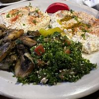 Mushrooms 🍄, tabouli salad, baba ghanoush, hummus  at Jerusalem Grill in San Antonio