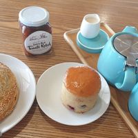 Vegan pastie, relish, vegan muffin & tea with soy at Gaffney's Bakery in Heathcote