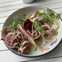 “Fish” tacos w/ Korean fried tofu and cashew “mayo" at The Bean Brewers in Chippendale