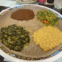 Collard Greens, Smokey Lentils, Carrots and Green beans, and Split Yellow peas. All served with Injera  at Zagol Ethiopian in Reno