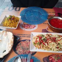 Baba ganoush with smoked tofu, spinach naan, tofu tikka and garlic rice. at Taj Palace in Malaga