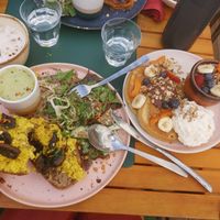 On right the sweet pancakes with fruit and small yogurt bowl with fruit at Urban Greener in Paris