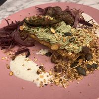 Mille-Feuilles with almond ricotta, mint, green crema, PTD, pine nuts, and fries cossco- veryyy interesting dish with numerous flavors that blended perfectly but not filling  at Urban Greener in Paris