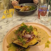 Main course of squash and miso cheese like sauce at Urban Greener in Paris