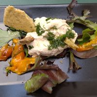 Entrée: truffe fromagère à l'amande, curd abricot, sable au romarin, pétals de pomme at Urban Greener in Paris