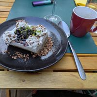 Coconut, lime and blackcurrant cheezecake. at Urban Greener in Paris