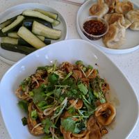 Chili the Veggie Lamen, Bok Choy & Mushroom Dumplings and Sweet & Sour Cucumber (all vegan) at Dumpling the Noodle in Seattle