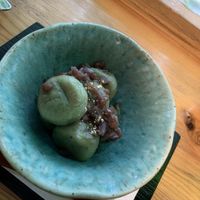 Yomogi Dango with azuki bean paste   at Hongu Cafe in Nikko