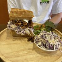 Pulled “pork” served in a waffle at Veganerie - Nana in Bangkok
