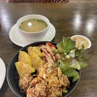 Teriyaki cauliflower tempura and purple rice with miso soup  at Veganerie - Nana in Bangkok