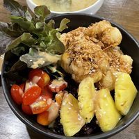 Teriyaki rice bowl and miso soup, 190 baht  at Veganerie - Nana in Bangkok