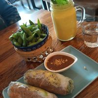Summer rolls with peanut sauce, edamame beans and mango lassi at Viet Next Door in Berlin
