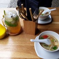 Starter soup of the lunch menu and home made iced tea at Viet Next Door in Berlin