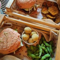 Gajardo burger, edamame, melanzane croccanti, olive ascolane at Flower Burger in Rome