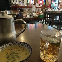 Free lentil soup and self-serve green tea with fresh mint leaves  at Asalam Restaurant in Jeju