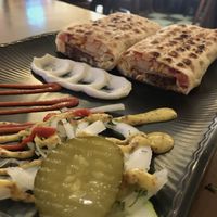 Falafel wrap with toum (garlic sauce - vegan!), mustard and ketchup on the side  at Asalam Restaurant in Jeju