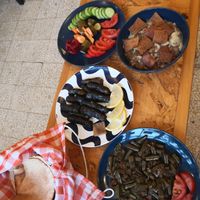 Vegan assortment (stuffed vine leaves, beans in oil, and the syrian lentil dish Hurra Usbao)  at Dar Ne'meh in Amman