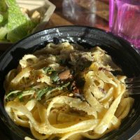Fettuccine Alfredo with artichokes, olives, and mushrooms   at Tarantino's Vegan in Las Vegas
