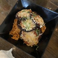 Eggplant parmigiana with gluten free spaghetti   at Tarantino's Vegan in Las Vegas