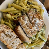 Crispy chicken with alfredo and pestoo  at Tarantino's Vegan in Las Vegas