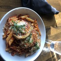 Eggplant parm with gf penne and marinara sauce  at Tarantino's Vegan in Las Vegas