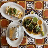 (Top)Vegetarian chimichanga, (left bottom)vegan torta, (right bottom)vegan tacos  at Jose's Torta Mexicana in Arlington