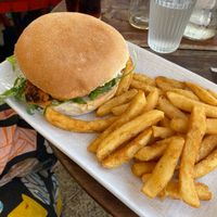 Veggie burger (sweet potato and beans) with chips  at Espresso 96 in Concord