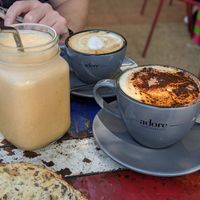 Juice,  soy Capp and soy flat white in the background at Espresso 96 in Concord