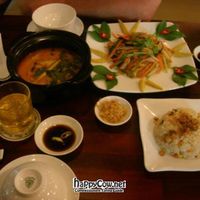 lotus rice, vegetables, mock chicken curry with lemongrass at Viet Chay in Ho Chi Minh City