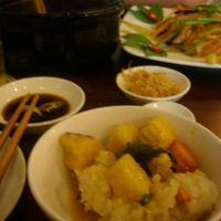 curry and rice, with potatoes and lemongrass curry sauce. With dried mushroom powder to sprinkle on top. at Viet Chay in Ho Chi Minh City
