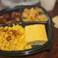 Mac Plate
$16.00
Three dairy free Mac and cheese, collard kale cabbage greens, buttered soulful cornbread and BBQ crispy cauli-wings. at I-tal Garden in New Orleans