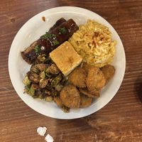 mac and cheese, corn bread, brussels, skrimp, bbq jackfruit ribs  at I-tal Garden in New Orleans