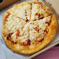 Medium vegan pizza with traditional sauce, "cheese", roasted red peppers, banana peppers, & onions at Guiseppe's in Akron
