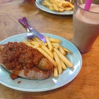 "Meat sauce" hot dog with kinako shake at Bells in Tokyo