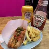 vegan hotdog with salsa and jalapeños and fried potatos at Bells in Tokyo