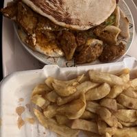 Tikka naan (with salad, vegan mayo and chilli sauce) and chips  at Seavers Fish Chips & Kebabs in Rowley Regis