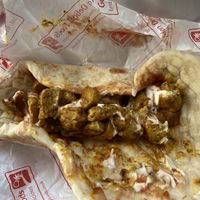 Inside of the wrap. Some of the best mock chicken I’ve ever had   at Seavers Fish Chips & Kebabs in Rowley Regis