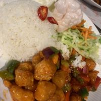 Sweet and sour “chicken” with Jasmin rice   at Veggie Wok in North West London
