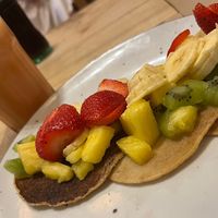 Vegan pancakes with fruit and smoothie ❤️  at Boa Beach in Valencia