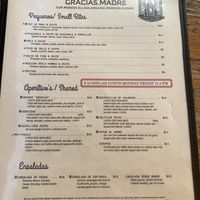 Menu  at Gracias Madre in San Francisco