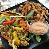 Chicky Amaze strips with roasted veggies and buckwheat with curry sauce. at Qulto - Slovenska in Maribor