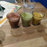 Left to right: cacao, matcha, and turmeric elixirs at Eden Cafe Clifton in Bristol