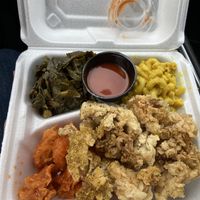 Oyster mushroom fried chik’n, shrymp, collard greens, mac n cheese  at Ve-Go in Charlotte