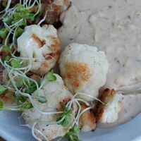 Cauliflower, with white beans mash and gironde mushrooms  #Veganuary at Mudra in Buenos Aires