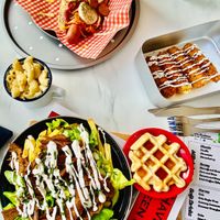 Loaded fries, hot dog, mac and cheese side, cheese sticks side - seriously delicious!  at Feed Me Fully Loaded in Nottingham