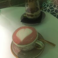 Rose oat latte and a spooky version of the pistachio tiramisu for Halloween at Erpingham House in Brighton