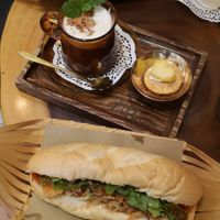 Vegan Sandwich with tofu, mushroom.. And yummy vegan cacao 😊 at An Bread & Cafe in Hanoi